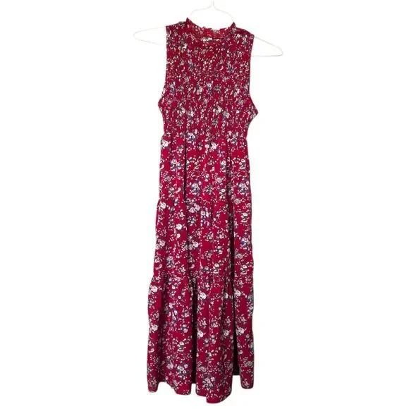 Red Floral Smocked Sleeveless Midi Dress Women’s Small - Picture 7 of 8